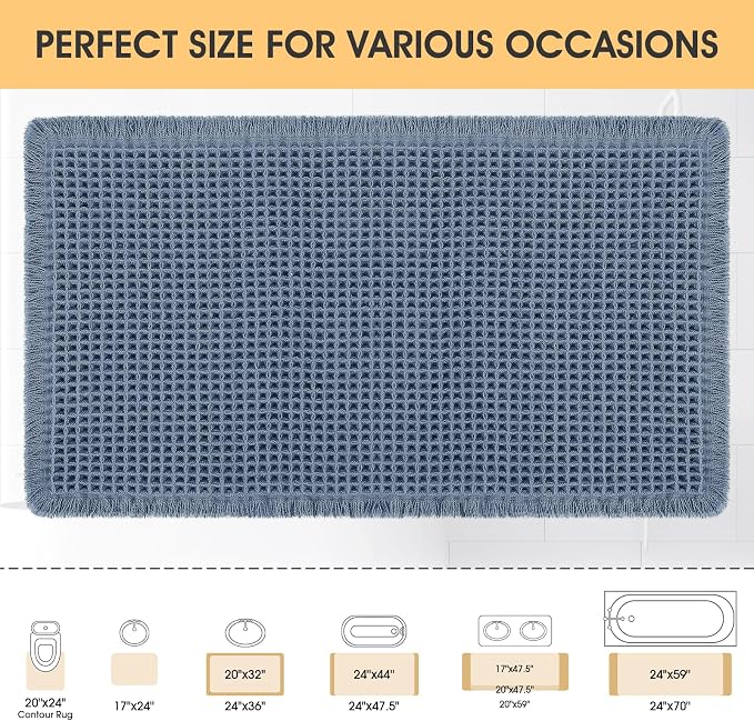 IM HOME Waffle Bath Mat Blue 36"x24", Boho Woven Modern Bath Mat Rugs, Absorbent Non Slip Bathroom Rugs, Soft Washable Bath Rugs with Tassels for Bedroom, Kitchen, Shower, Tub