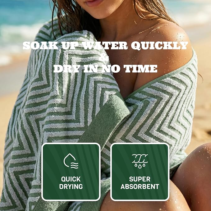 White Classic Cotton Beach Towels Oversized 35 x 70 Inches, Ultra Absorbent and Low Lint Luxury Pool Towels, Chevron Design, Khaki Green, 2 Pack
