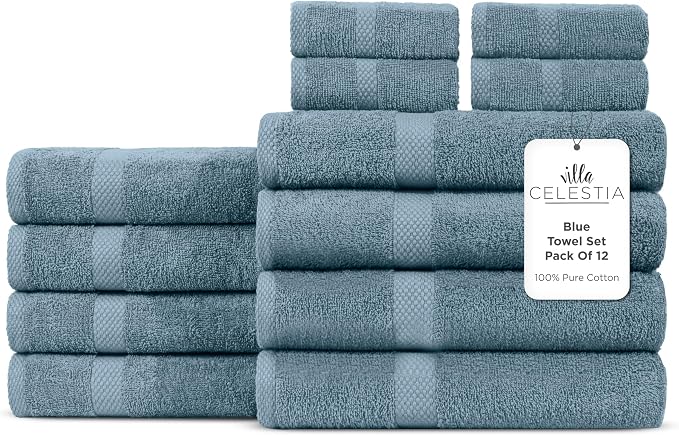 Villa Celestia 12-Piece 100% Cotton Towel Set, 4 Bath Towels, 4 Hand Towels, 4 Wash Cloth, Quick-Dry, Blue