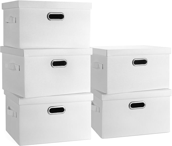 Graciadeco Medium 15" 21 Quart Collapsible Stackable Storage Bins with Lids, 5 Packs White Foldable Fabric Closet Storage Boxes with Lids, Lidded Heavy-duty Linen Baskets(15x11x8)
