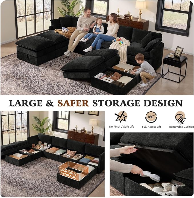 Ihanherry 135” Oversized Sectional Sofa Bed with Storage, 8-Seater Modular Cloud Couch with Movable Ottomans, Chenille Deep Seat Sleeper Couches for Living Room (Black)