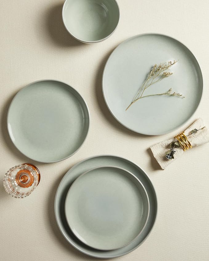 Pokini Santorini Mist Terracotta Reactive Glaze Plates and Bowls Sets, Stoneware Dinnerware Sets, Microwave and Dishwasher Safe Ceramic Dish Set Service for 4, Slate Green