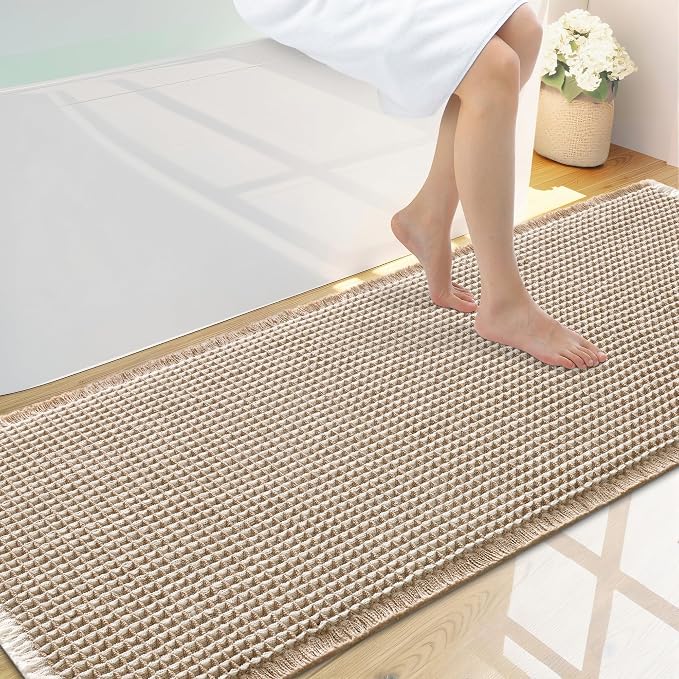 Smiry Waffle Bath Mat 59x20, Extra Soft Absorbent Bathroom Rugs, Non Slip Machine Washable Quick Dry Bath Rugs for Bathroom Floor, Tub, Shower, Home Decor Accessories, Brown & Cream