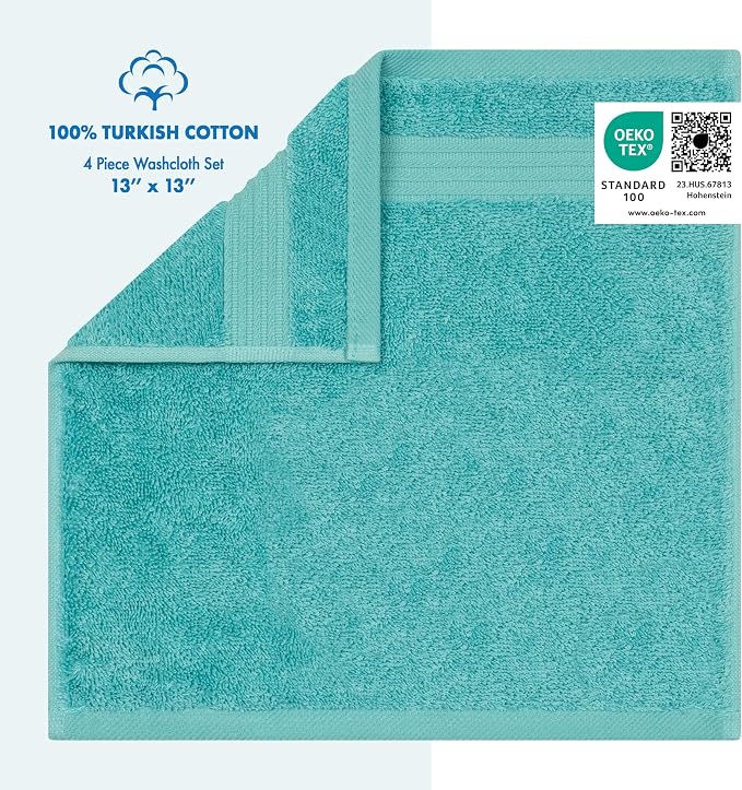 Cotton Paradise 100% Cotton Turkish Towel Set, Soft Absorbent Quick Dry, 4 Piece Washcloth Set, Turquoise Blue