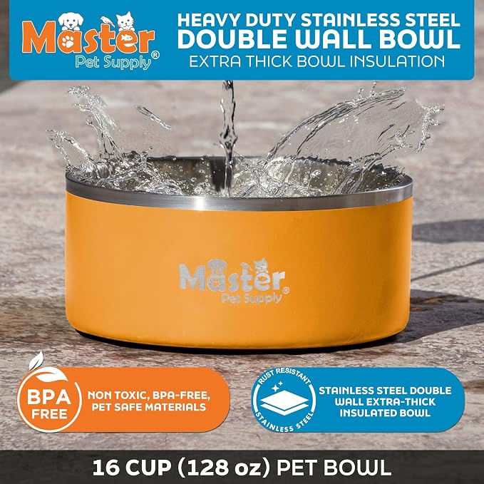 Master Pet Supply Stainless Steel Dog Bowls - 128 oz, Heavy Duty - Mango Tango, Double Wall Extra-Thick Insulated, Non-Slip Pet Water Bowl for Dogs, Cats & Pets, Anti Rust Metal, Dish Washer Safe