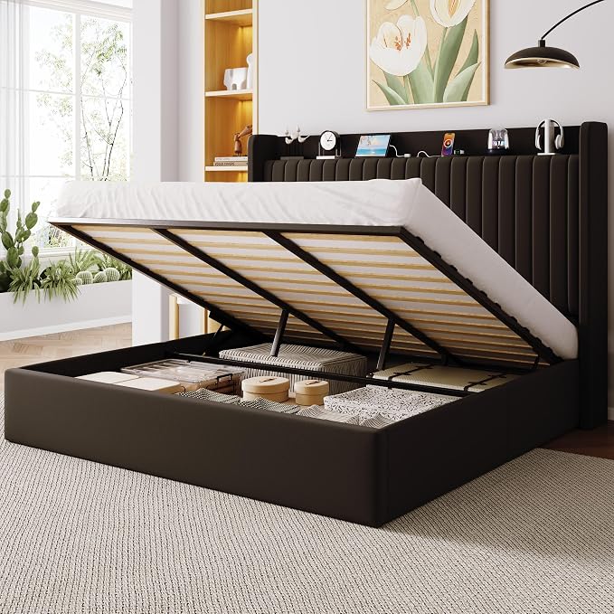 Allewie King Lift Up Storage Hydraulic Bed Frame,Charging Station,Black | Storage Shelf Headboard with Charging Station,Type-C,USB Ports,Hydraulic Support,Velvet Upholstered,No Box Spring Needed