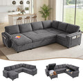 L Shaped Sectional Sleeper Sofa with Pull Out Bed, Dark Grey | 7 Seat Modular Design, Hidden Storage Space, Soft Corduroy Fabric, USB Charging, Cup Holders, Removable Covers, Easy Assembly