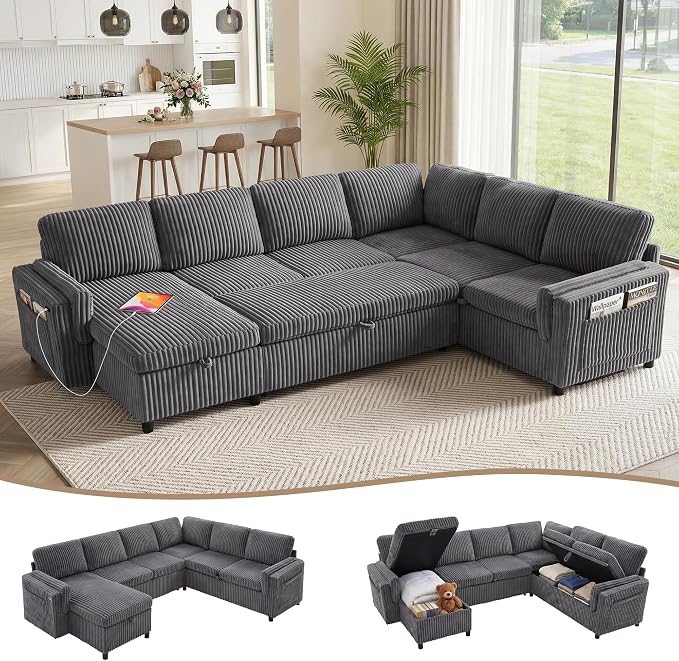 L Shaped Sectional Sleeper Sofa with Pull Out Bed, Dark Grey | 7 Seat Modular Design, Hidden Storage Space, Soft Corduroy Fabric, USB Charging, Cup Holders, Removable Covers, Easy Assembly