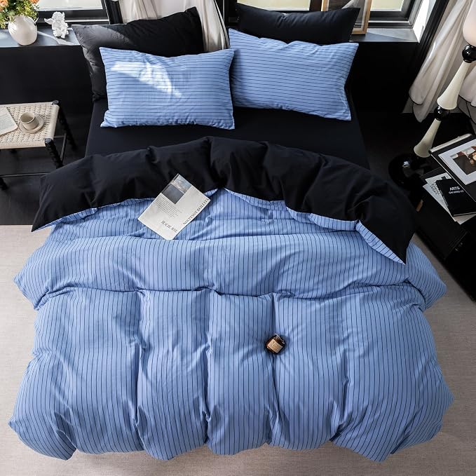 Reversible Duvet Cover Set 100% Washed Cotton Blue Stripe Linen Feel Duvet Cover Queen Size with Zipper Closure & 2 Pillow Shams, Blue/Black Stripe Reverse Solid Black