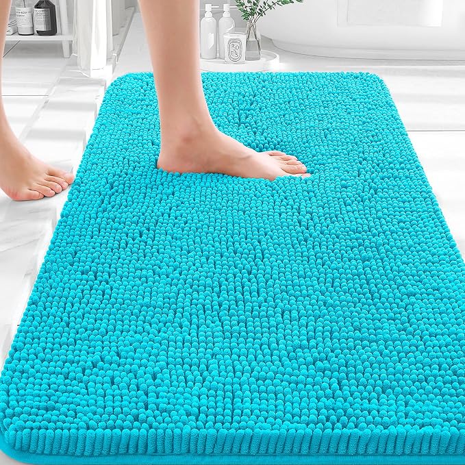 OLANLY Bathroom Rugs 30x18, Extra Soft Absorbent Chenille Bath Rugs, Rubber Backing Quick Dry, Machine Washable Bath Mats for Bathroom Floor, Tub and Shower, Home Decor Accessories, Aqua Sky