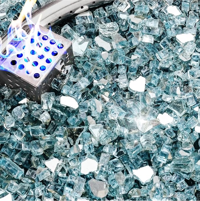 NUPICK 10 Pound Fire Glass, 1/4 Inch Reflective Fire Pit Glass | Tempered Fire Pit Rocks for Propane or Natural Gas, Glass Rocks for Fire Pit Table, Fireplace, Fire Bowl, Pacific Blue