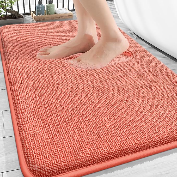 OLANLY Thick Memory Foam Bathroom Rugs 30x20, Absorbent Bath Mat, Coral | Soft Quick Dry Bath Rugs Mats, Non-Slip, Machine Washable Carpet for Bathroom Floor, Tub and Shower, Home Decor Accessories