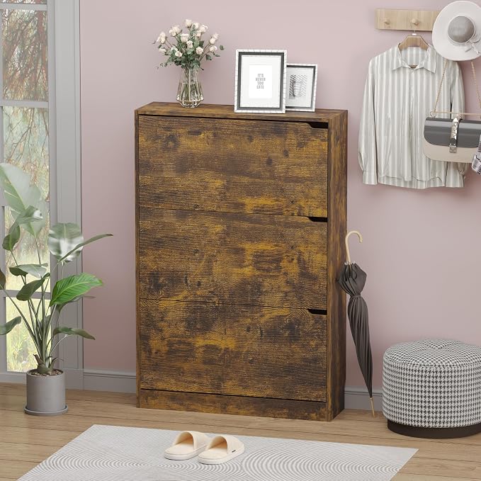 BORNOON Shoe Cabinet with 3 Flip Drawers, Hidden Wood Shoe Cabinet,Freestanding Shoe Storage Cabinet for Entryway Hallway