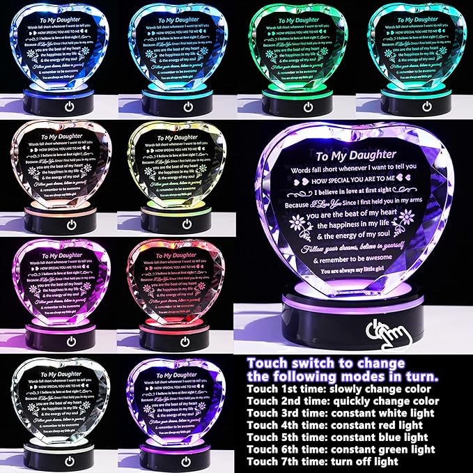 YWHL Daughter Gifts from Mom Dad Best Birthday Graduation Gifts Ideas for Adult Daughter Crystal Keepsake Present with Light Base Gift for Daughters on Christmas Valentines Mothers Day