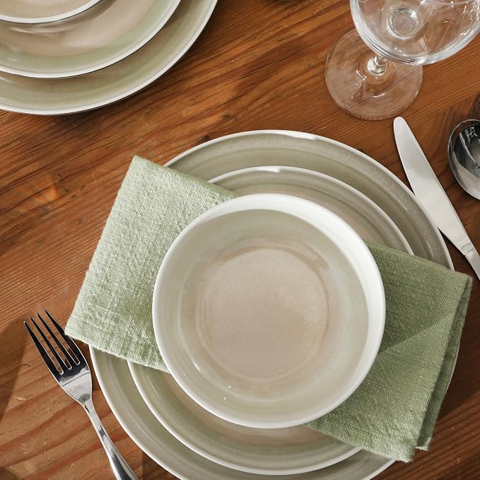 Gibson Elite Island Bay 12-Piece New Bone China Dinnerware Set Service for 4, Reactive Glaze Plates and Bowls, Dishwasher and Microwave Safe, Cream and Green