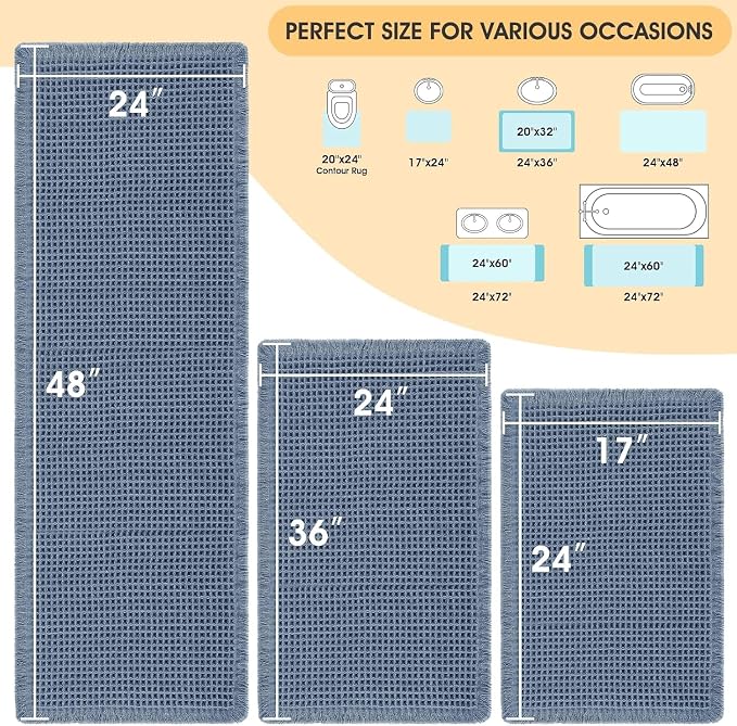 IM HOME Waffle Bath Mat Set 3 Piece Blue,Woven Modern Bath Rug Mats, Absorbent Non Slip Bath Floor Mat, Soft Washable Boho Bath Rugs with Tassels for Bathroom, Bedroom, Kitchen, Tub