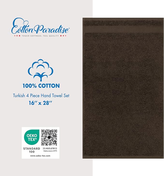 Cotton Paradise 100% Cotton Turkish Towel Set, Soft Absorbent Quick Dry, 4 Piece Hand Towel Set, Chocolate Brown
