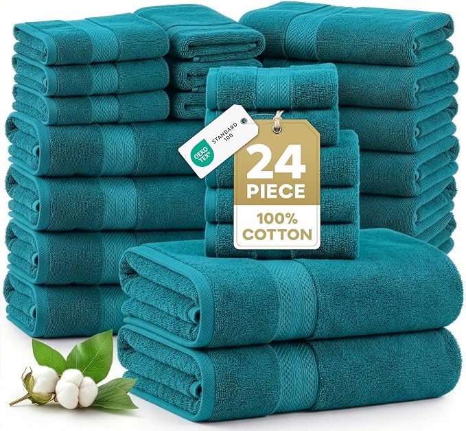 LANE LINEN Bath Towel Set 100% Cotton 24 Piece Soft Absorbent - Sea Port | Bath Towels Large Set -, Terry Weave Comfort, Soft & Long-Lasting, Hotel-Style Look, Machine Washable