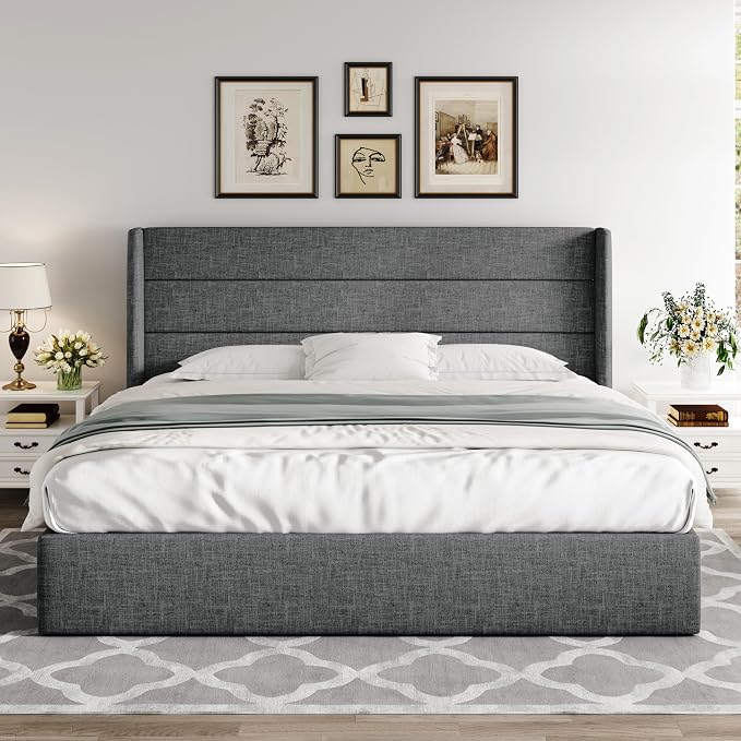 Allewie King Size Lift Up Hydraulic Storage Bed Frame Dark Grey | Modern Wingback Headboard, Hydraulic Support Storage, No Box Spring Needed