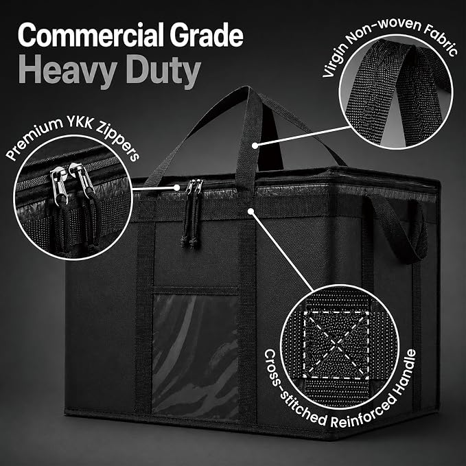 PRO Large Insulated Food Delivery Bag (3XL, Black, 4 Pack) | Thermal bag, For cold & hot food, Water-resistant, Portable cooler, Soft sided catering tote, Grocery bag with zippered top