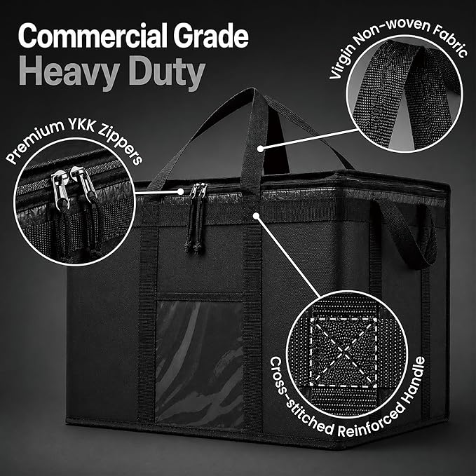 PRO Large Insulated Food Delivery Bag (3XL, Gray, 1 Pack) | Thermal bag, For cold & hot food, Water-resistant, Portable cooler, Soft sided catering tote, Grocery bag with zippered top