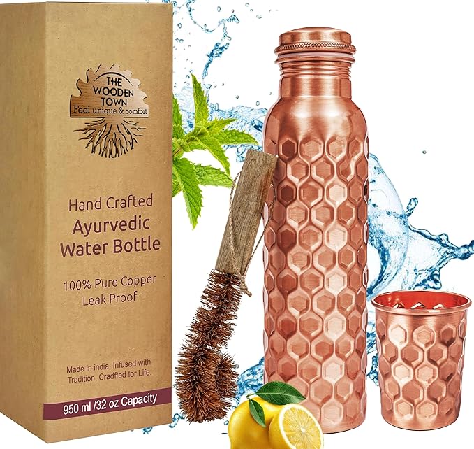 100% Pure Copper Water Bottle for Drinking, 32 Oz Large Diamond Ayurvedic Copper Bottle with Cleaning Brush, Leak-Proof Water Vessel_Diamond with Glass