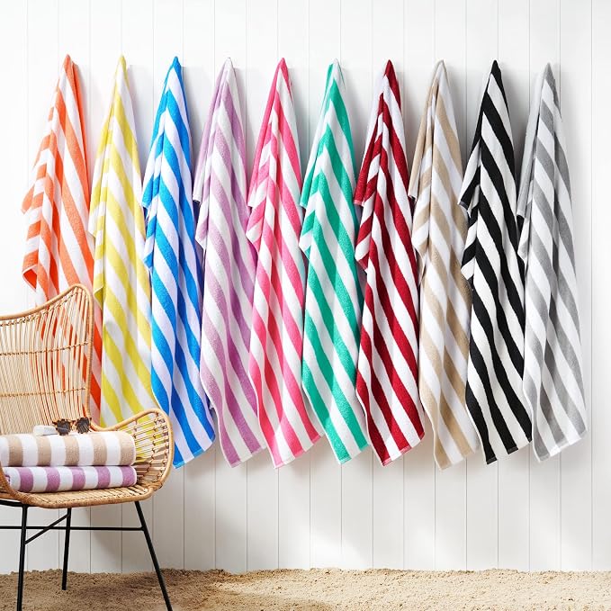Arkwright California Cabana Stripe Beach Towel - Pack of 4, Large Soft Quick Dry 100% Cotton Terry Towels Set for Pool, Swim, and Hot Tub, Oversized 30 x 70 in, Grey