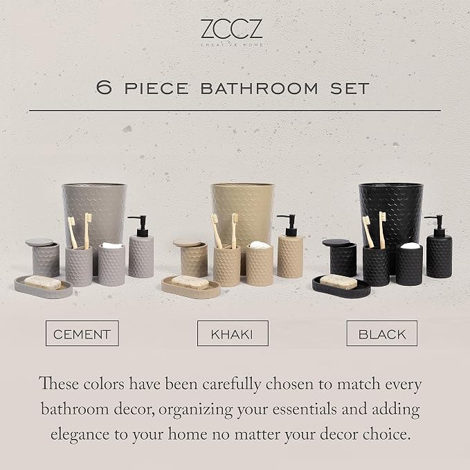 zccz 6 Piece Bathroom Accessories Set, Toothbrush Holder, Toothbrush Cup, Soap Dispenser,Bathroom Vanity Tray, Qtip Holder, Trash Can - Black