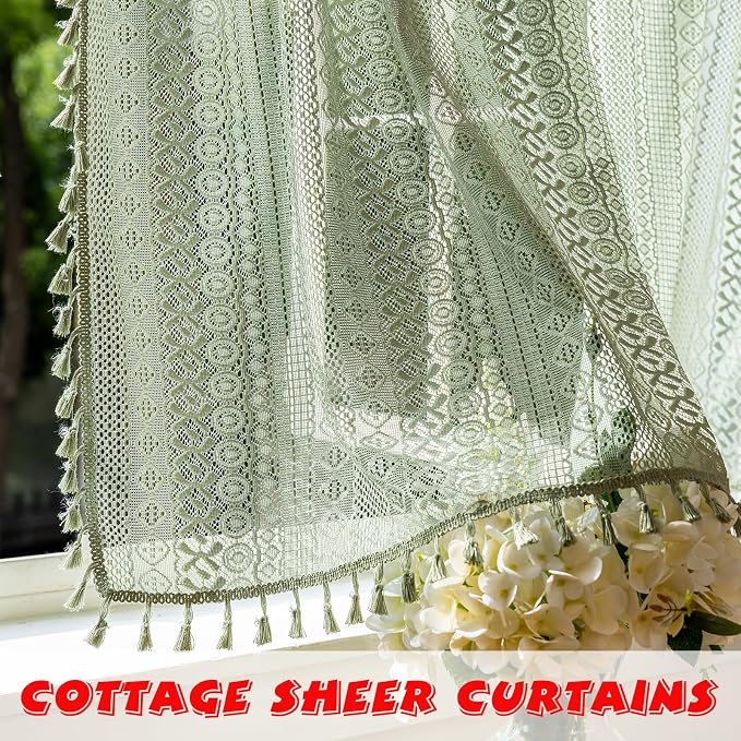 Sutuo Home Sage Green Lace Boho Curtains Drape 2 Panels 45 Inch Length | Semi Sheer Small Window Curtains for Kitchen Cafe Crochet Vintage Tassels Bohemian Privacy Rustic Geometry Rod Pocket, 50" W