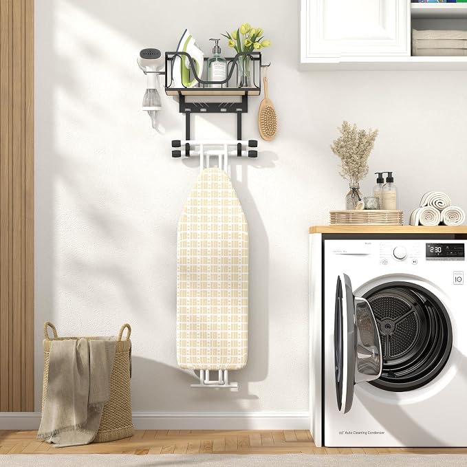 Ironing Board Hanger, CUFURNIX Wall Mount or Over the Door Iron Holder, Adjustable for Door Thickness, Fits T and Y Shaped Legs, High-Sided Basket & Side Hooks for Laundry, Sewing Room, Black