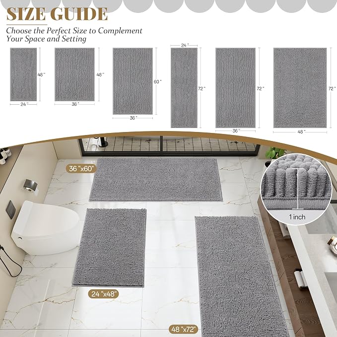 Bathroom Rugs Mat 48 x 36, Thick Soft Absorbent Chenille Bath Rugs, Rubber Backing Bath Mats for Bathroom Floor, Tub, Shower, Bedroom, Home Decor Accessories, Quick Dry Machine Washable, Grey