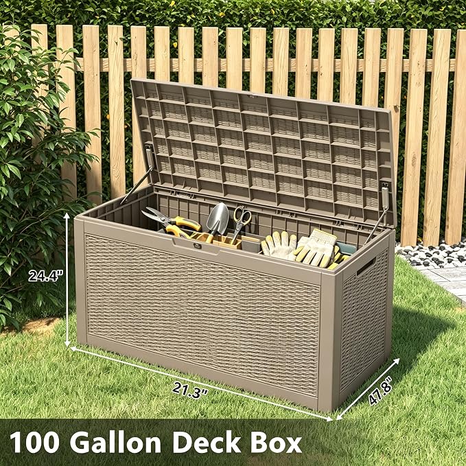 100 Gal Outdoor Storage Box Waterproof Lockable,Deck Box,Gas Lift,Grey | Waterproof Resin Deck Box, Lockable Gas Lift Outdoor Storage for Patio Cushions, Garden Tools, Pool Supplies