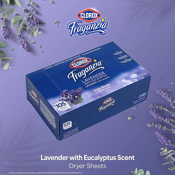 Clorox Fraganzia Fabric Softener Dryer Sheets Wrinkle Reducing Anti-Static Laundry Lavender Eucalyptus Scent 105 Count Bulk Pack