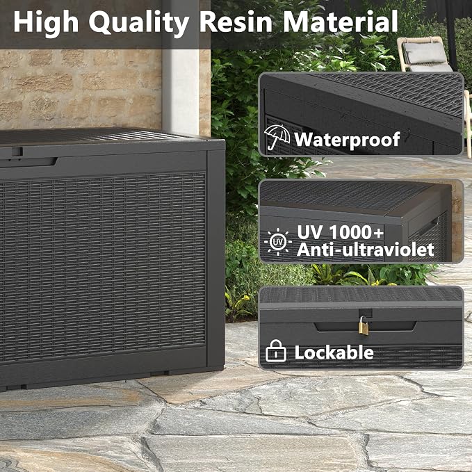 120 Gallon Waterproof Large Resin Deck Box, Lockable Large Outdoor Storage Boxes Indoor Outdoor Storage Container for Patio Cushions, Gardening Tools, Pool Supplies, Black