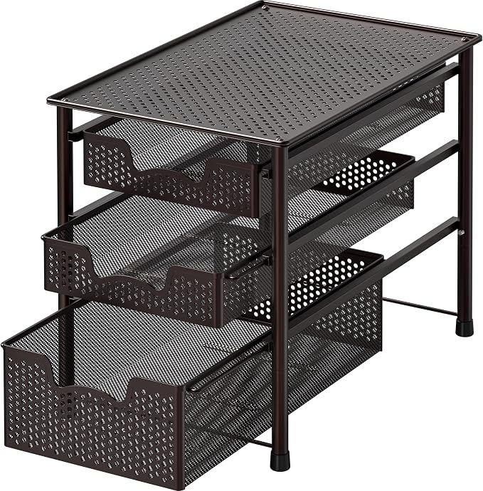 Simple Houseware Stackable 3 Tier Sliding Basket Organizer Drawer, Bronze
