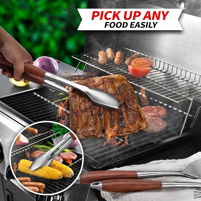 GRILAZ Heavy-Duty Rose Wooden BBQ Grilling Tools Set. Extra Thick Stainless Steel Multi-Function Spatula, Fork & Tongs | Essential Accessories for Barbecue & Grill. Ideal Gift for Father…