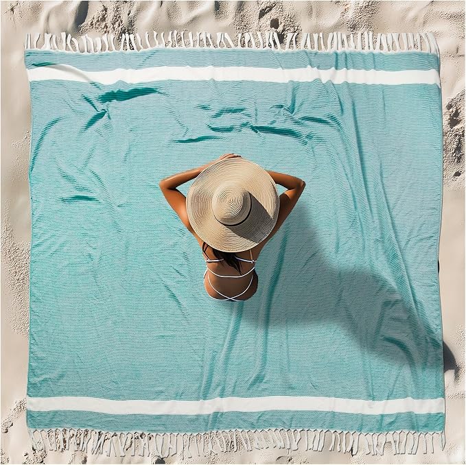 Vikumond Turkish Beach Towel Blanket Oversized 88x82 Inch Quick Dry Teal | Lightweight Compact Portable Sand Free Absorbent Boho Woven Throw for Pool Swimming Picnic Camping Cruise Outdoor Essentials