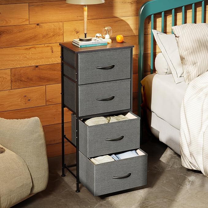 WLIVE Small Dresser Nightstand for Bedroom, 4 Drawers, Dark Grey | 4 vertical fabric drawers, Space-saving tower, Bedroom or closet use, Chest of drawers, Dresser for small spaces