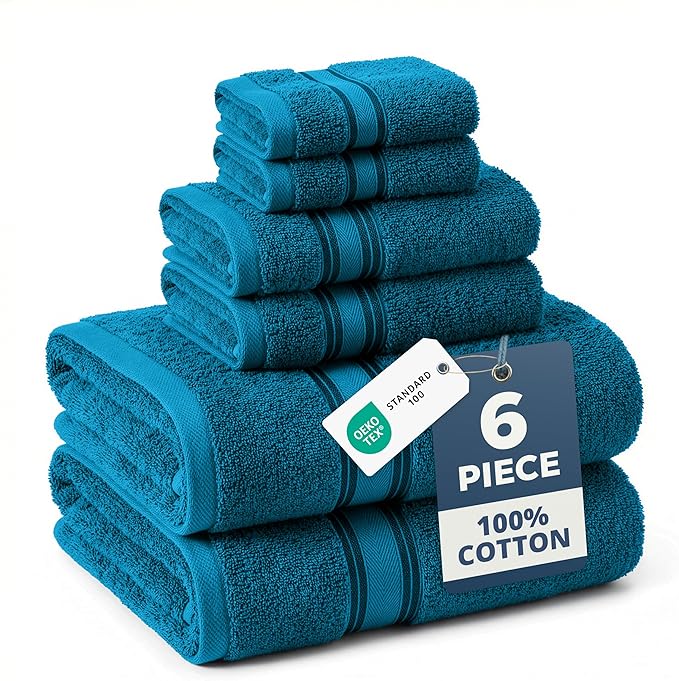 LANE LINEN Luxury 6-Piece Bath Towel Set - 100% Cotton, Quick-Dry, Super Absorbent, Zero Twist - Includes 2 Bath Towels, 2 Hand Towels, 2 Washcloths - Sea Port