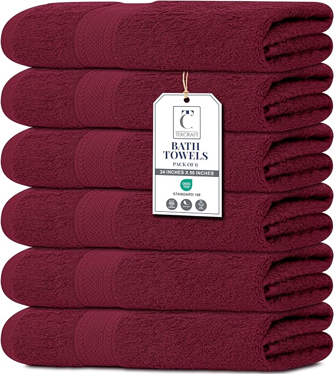 Large Bath Towels Set of 6 – 100% Cotton Terry – 24" x 50" – Quick Dry, Soft & Highly Absorbent – Burgundy Towels for Bathroom, Gym, Spa, Pool & Daily Use