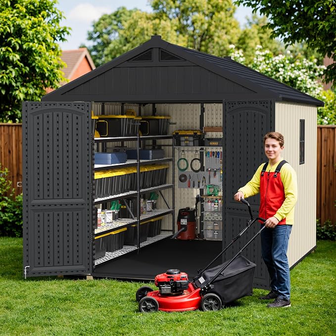 Greesum 8x10FT Plastic Outdoor Storage Shed with Floor, Resin Sheds with Window and Lockable Door, Easy Assembly, HDPE Kick-it Shed for Garden, Lawn, Backyard, Beige