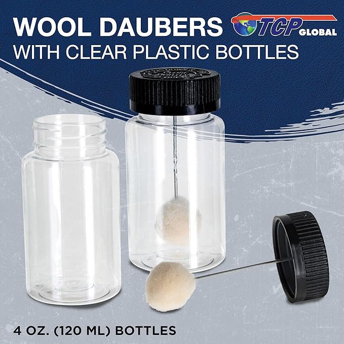 TCP Global 36-Pack Wool Daubers with Clear Plastic Bottles, 4 oz. (120 ml) - Safety Lids, Applicator Ball Brushes for Leather Dye, Dyeing, Painting, Gluing, DIY Arts and Crafts, Contact Cement