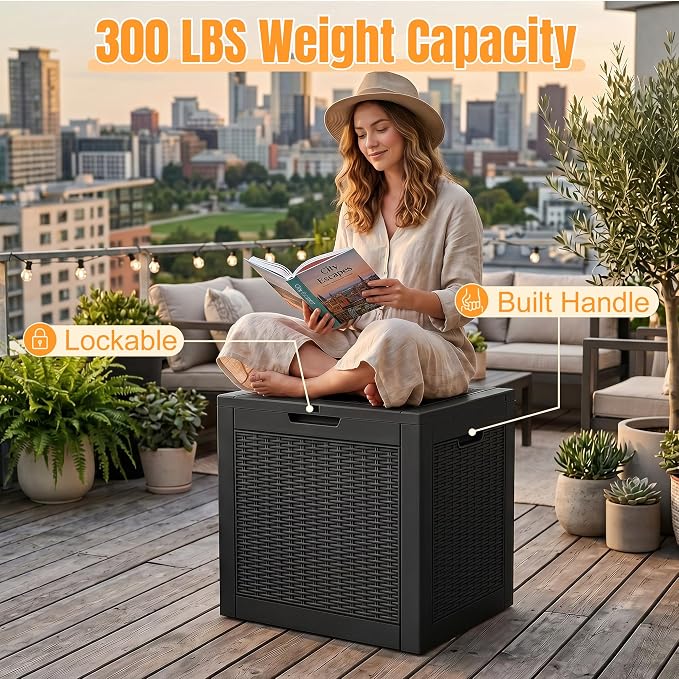 Outdoor Storage Box,38 Gallon Waterproof Resin Patio Deck Box | UV Resistant Lockable Package Delivery Bin, Toy Cabinet, Shoe & Garden Tools Storage, Ottoman, Indoor/Outdoor