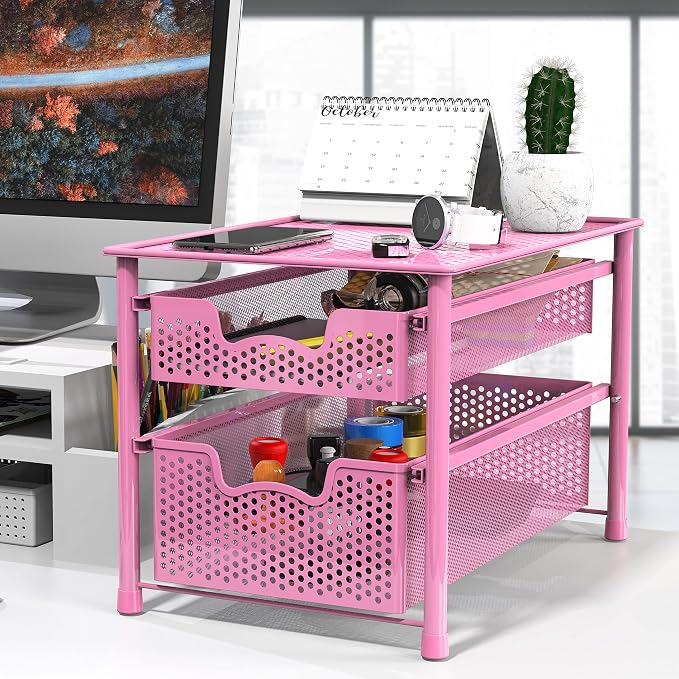 Simple Houseware Stackable 2 Tier Sliding Basket Organizer Drawer, Pink