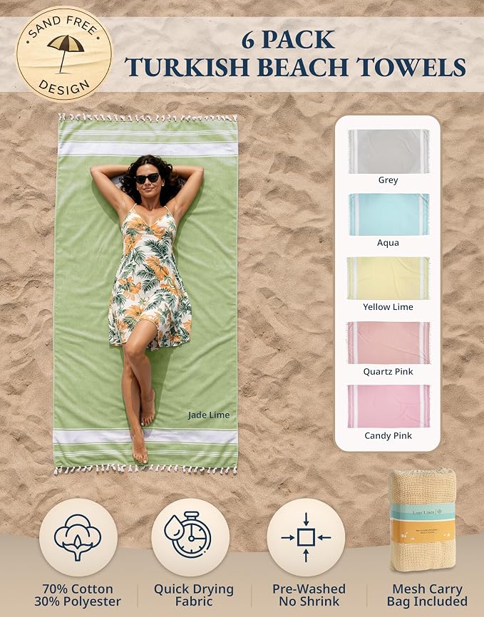LANE LINEN Turkish Towels 6 Pcs, Beach Towels Oversized, Soft - Beach Party | Pre-Washed Pool Towel - 39"x71", Vacation Essential - Machine Washable, Travel & Camping - Reinforced Hems, Super Absorbent
