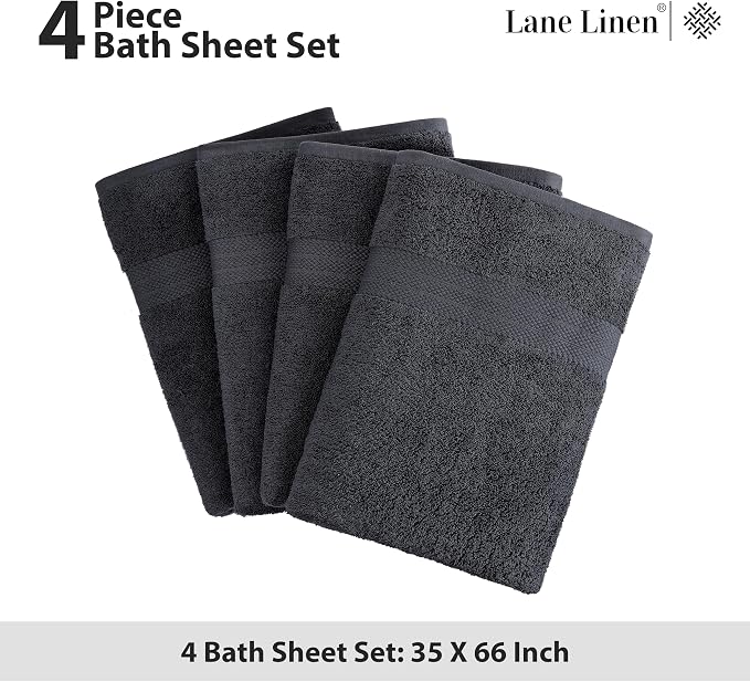 LANE LINEN Large Bath Sheets Absorbent Quick Dry 100% Cotton 4 Pack - Black | Large Bath Sheets - Classic Terry Weave, Densely Woven, Coordinated Colors, Everyday Durability, OEKO-TEX Certified