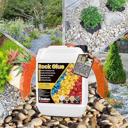 2 Gallon Rock Glue for Landscaping - Strong Mulch Glue, Quick Dry Pea Gravel Stone Glue, Permeable Pet-Safe, Ready to Spray Rock Adhesive for Garden, Pebbles, Walkway, Rubber Mulch with Blue Marks