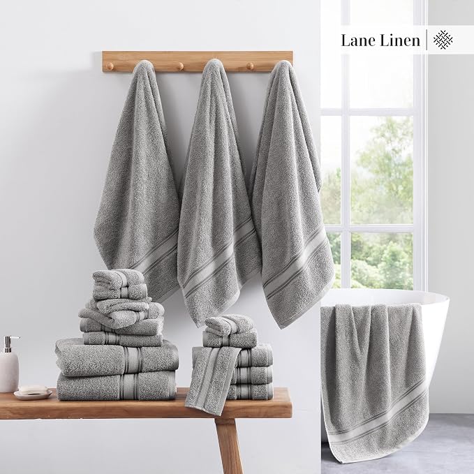LANE LINEN Bath Towel Set 100% Cotton 3 Piece Soft Absorbent - Grey | Shower Towels - Generously Sized, Oversized & Roomy, Lightweight & Breathable, Fade-Resistant Color, Classic Terry Weave