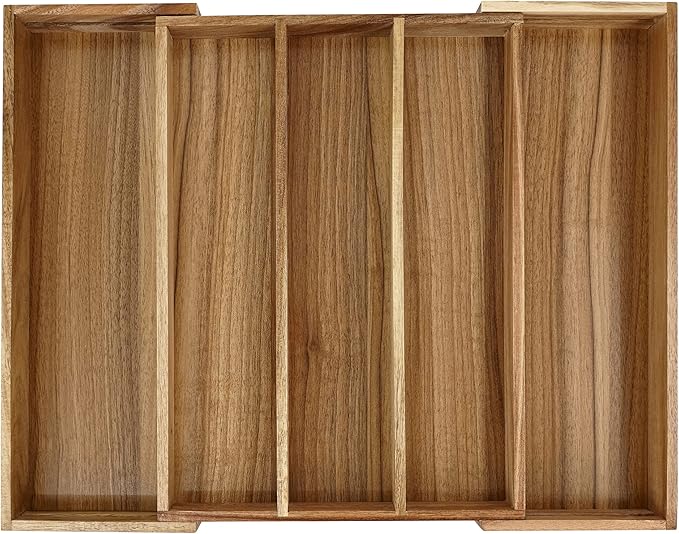 EcoFives Luxury Acacia Silverware Organizer -Kitchen Drawer Organizer - Utensil Holder and Cutlery Organizer with Grooved Drawer Dividers for Flatware and Kitchen Utensils (5 Slot)
