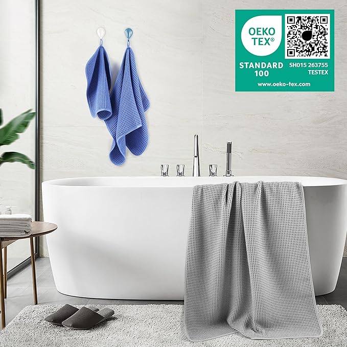 POLYTE 430 GSM Poly Blend Microfiber Quick Dry Waffle Bath Towel Set of 6 | 2-Body Towels, 2-Hand Towels, 2-Wash cloths, Oversize, Lint Free